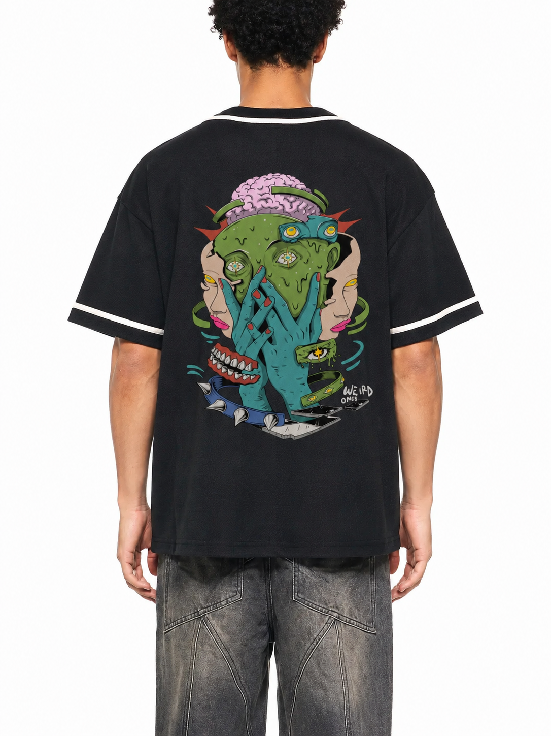 Trippy Face Contrast Piped Button-Up Jersey