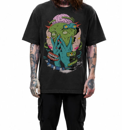 Trippy Face Sun Fade Hand-Frayed Cotton T-Shirt