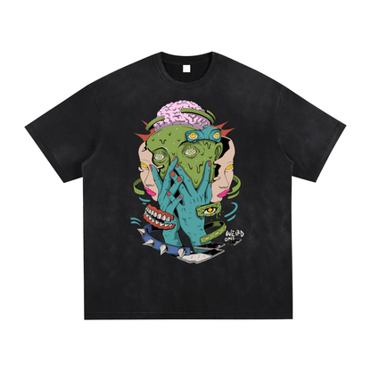 Trippy Face Vintage Washed Hand-Frayed T-Shirt