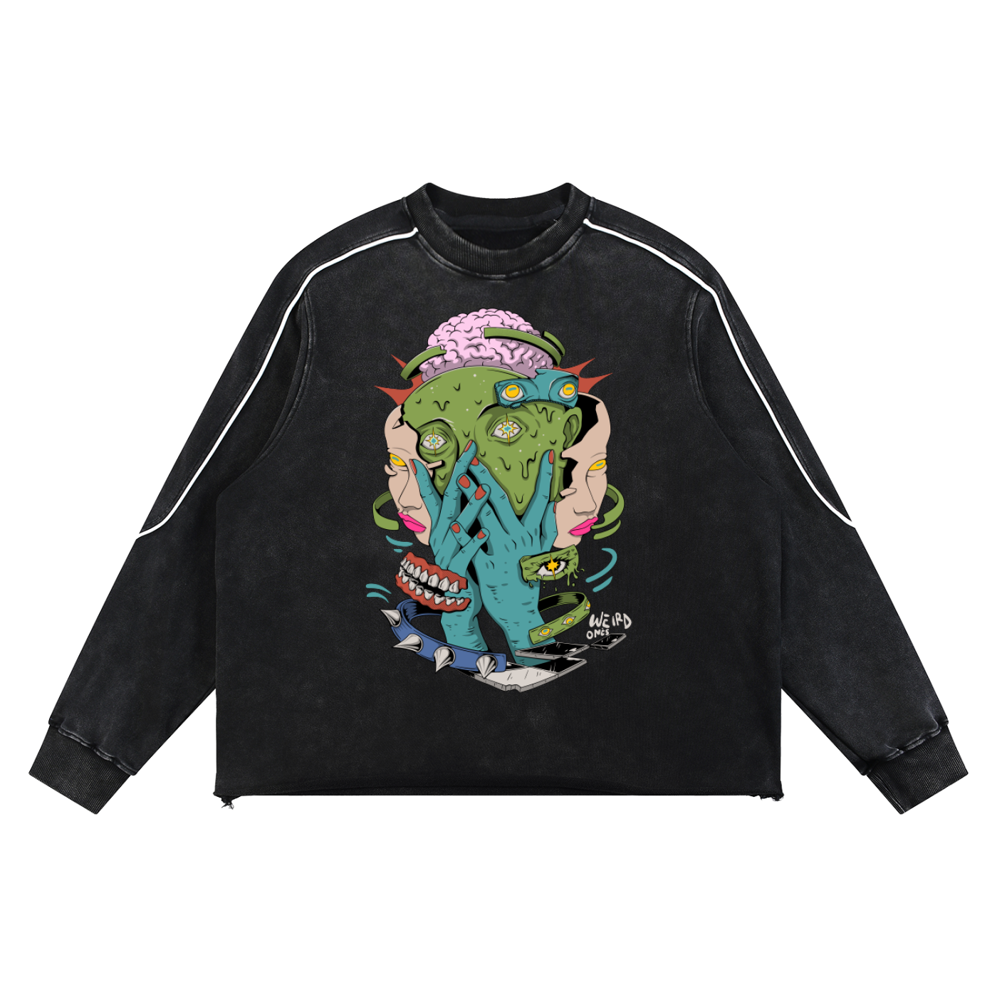 Trippy Face Mineral Wash Piping Raw Hem Sweatshirt