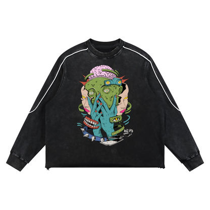 Trippy Face Mineral Wash Piping Raw Hem Sweatshirt