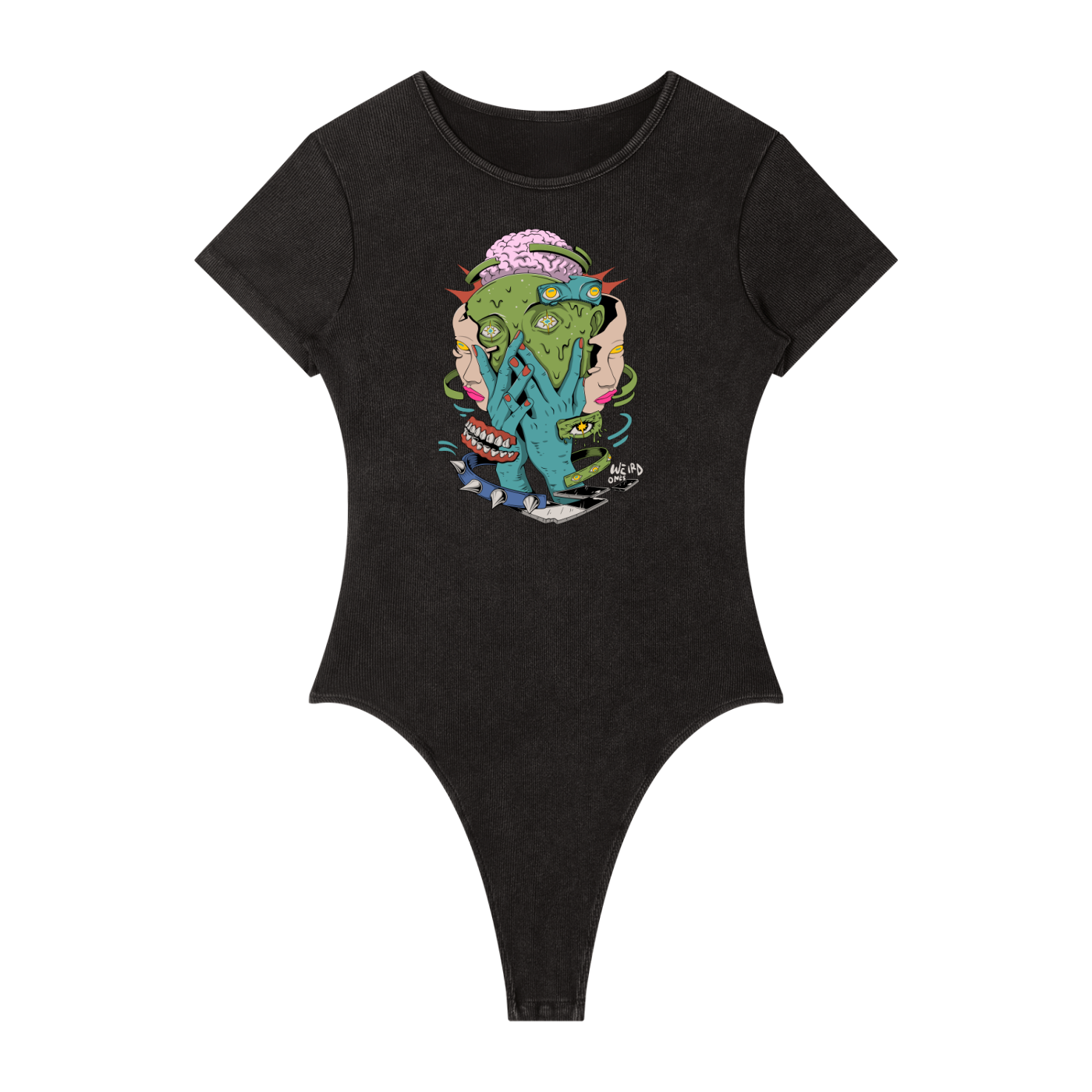 Trippy Face Women's Mineral Wash Crewneck Bodysuit