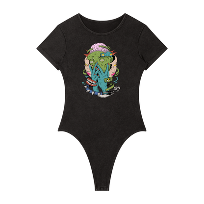 Trippy Face Women's Mineral Wash Crewneck Bodysuit
