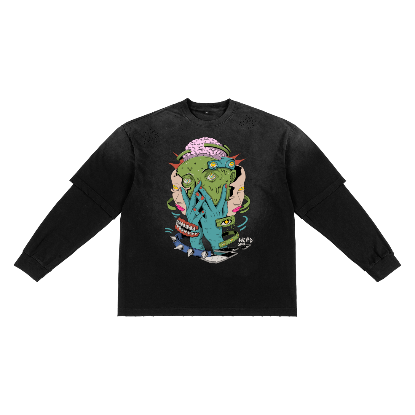 Trippy Face Sunfade Hand-Frayed Faux Two-Piece T-Shirt