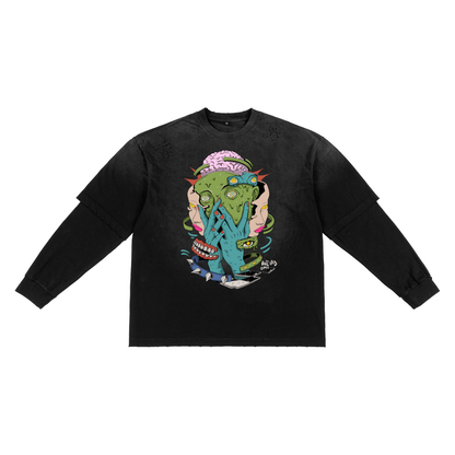 Trippy Face Sunfade Hand-Frayed Faux Two-Piece T-Shirt
