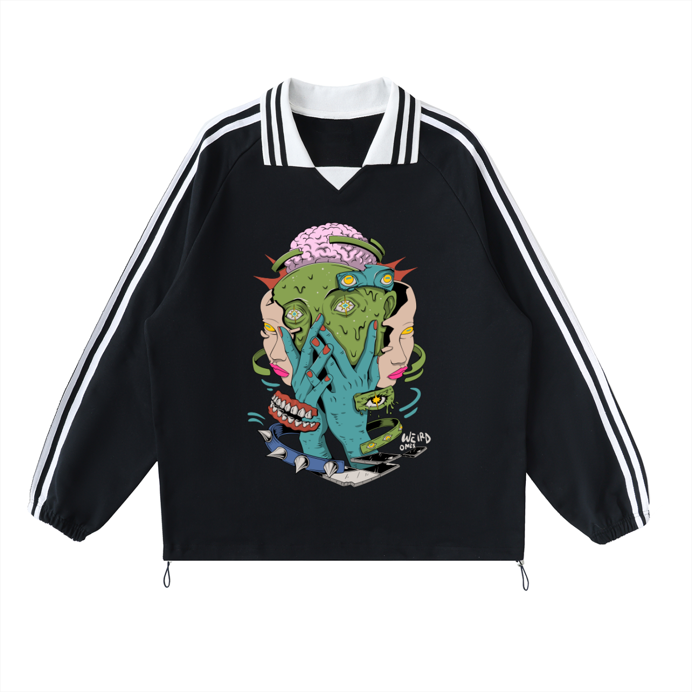 Trippy Face Contrast Striped Lapel Collar Sweatshirt