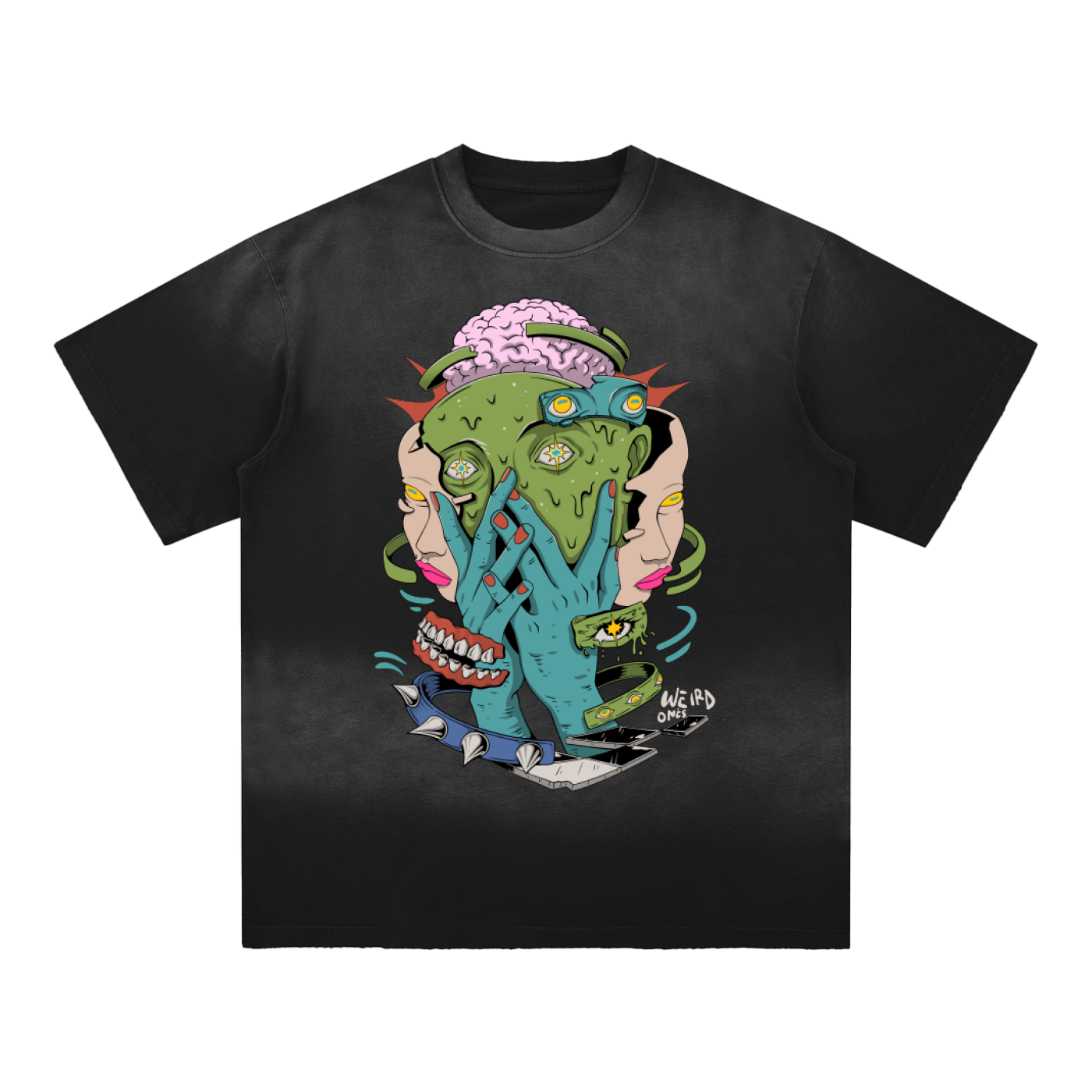 Trippy Face Sun Fade Hand-Frayed Cotton T-Shirt
