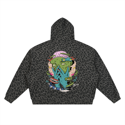 Trippy Face Unisex Leopard Print Waffle Full Zip Hoodie