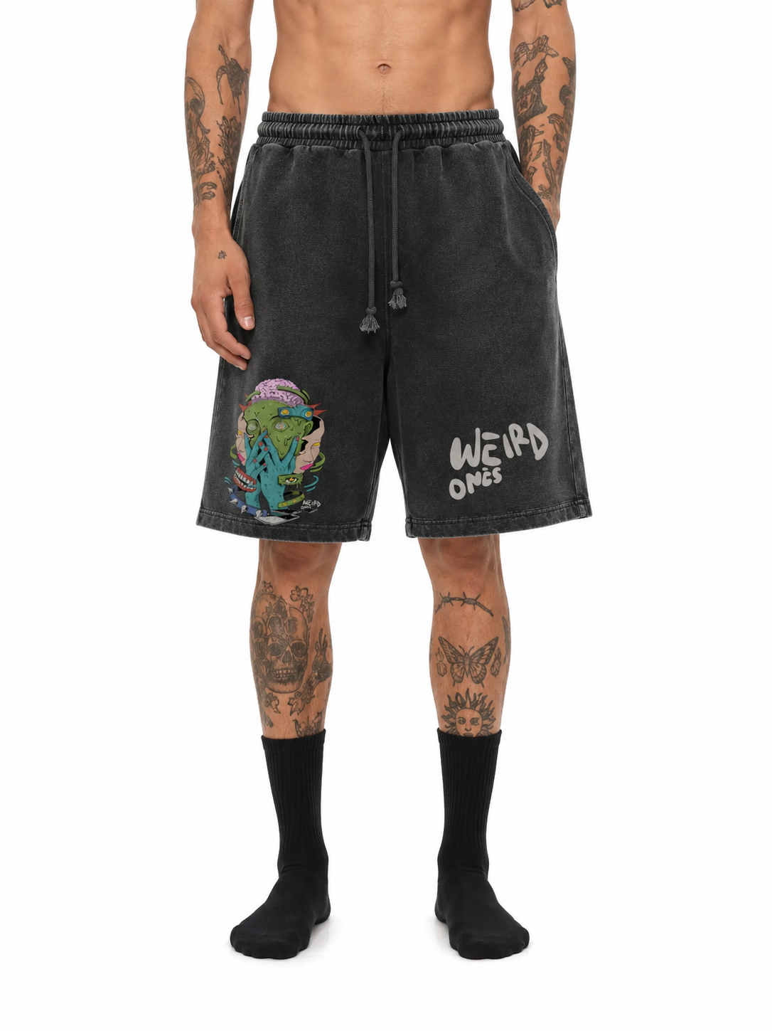 Trippy Face Mineral Wash Waffle Knit Shorts