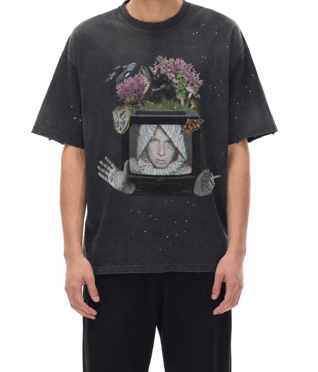No Box Hand-Frayed Sunfade Paint Splatter T-Shirt