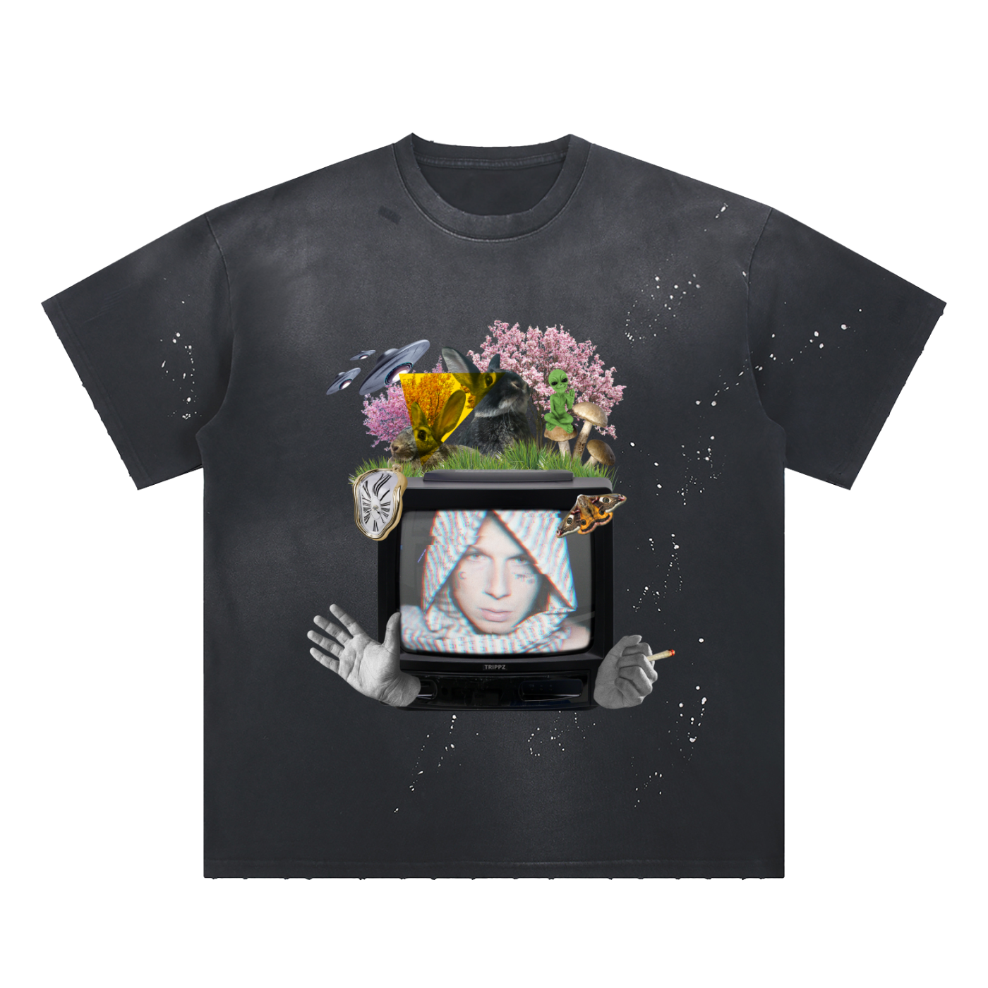 No Box Hand-Frayed Sunfade Paint Splatter T-Shirt