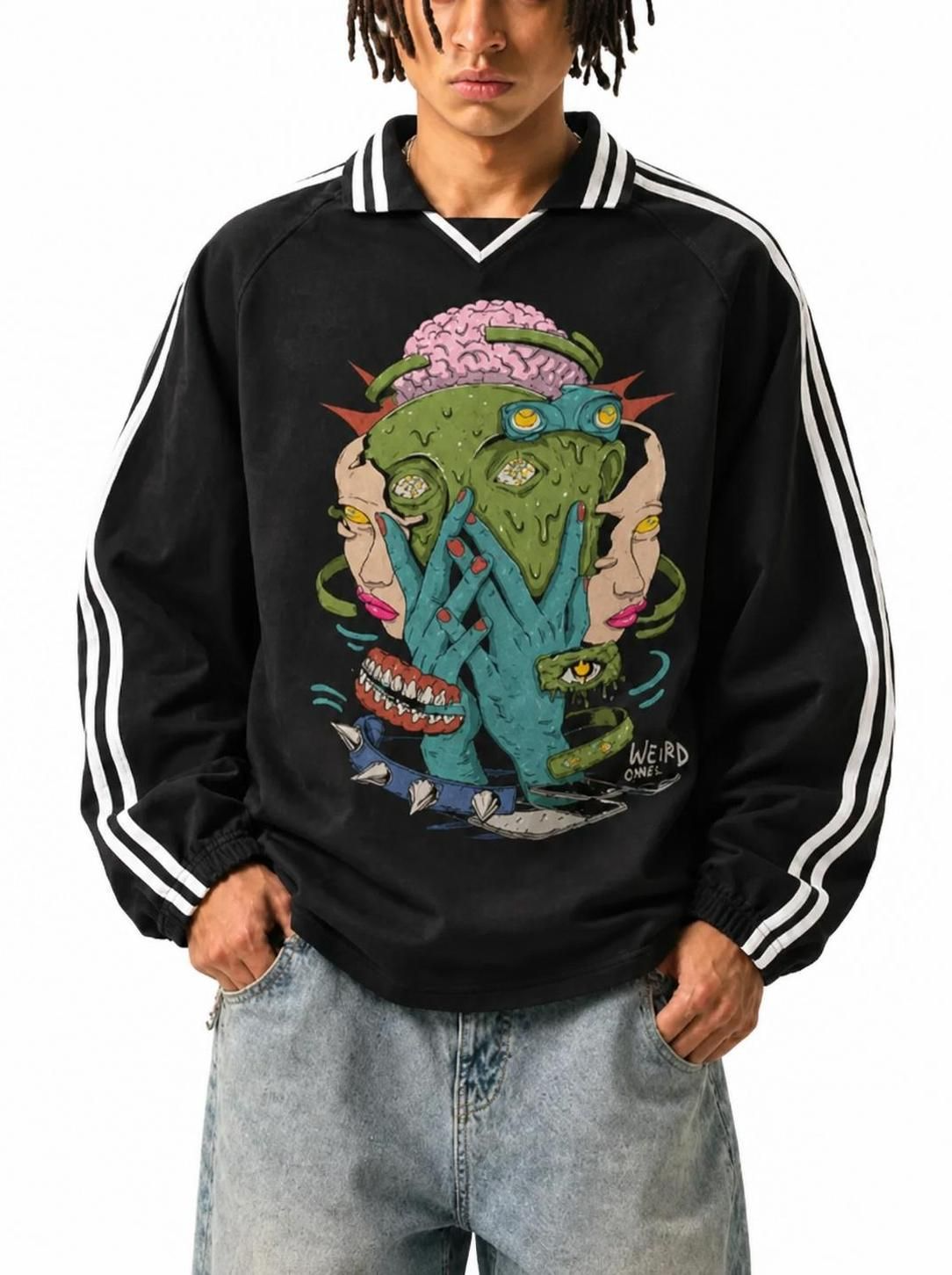 Trippy Face Contrast Striped Lapel Collar Sweatshirt