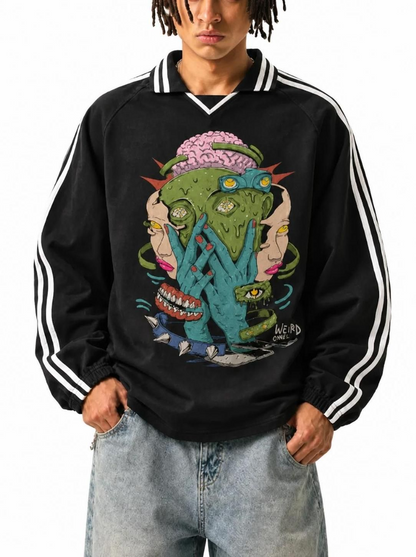Trippy Face Contrast Striped Lapel Collar Sweatshirt