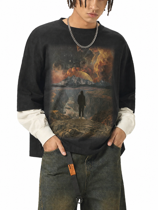 Fell From Heaven Layered Contrast Sleeve Cotton T-Shirt